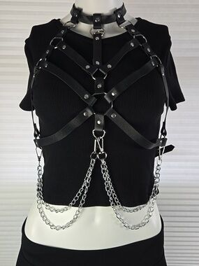 New! Black Faux Leather Chest Harness Silver Chain Goth Punk Rave Festival Light